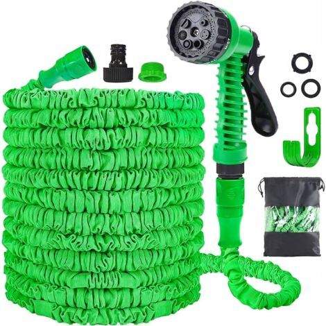 Tuyau 100ft / 30m avec Pistolet De PulvéRisation d'eau à 7 Modes, Pistolet De PulvéRisation De Tuyau Extensible, Seau De Tuyau De Jardin avec Connecteur Rapide, Magic Pipe d'eau (Vert) (1/5)