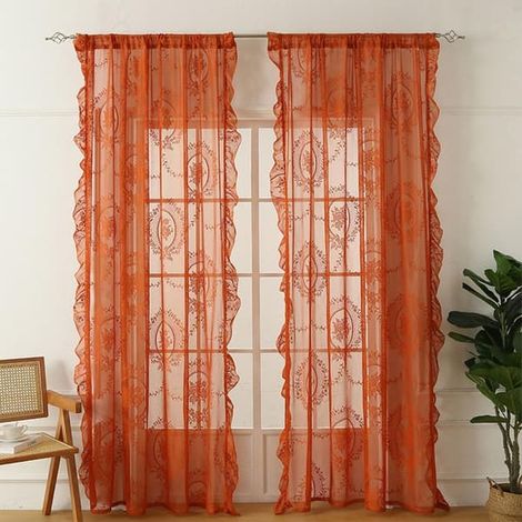 Deux rideaux en dentelle vintage, motif floral, volants, orange, 140 x 100 cm (1/2)
