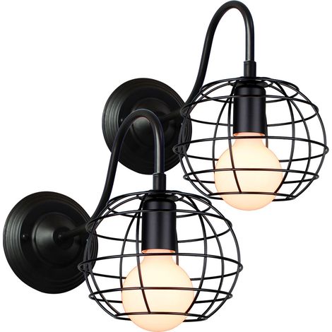2PCS Lámpara De Pared Retro Apliques De Pared Jaula De Hierro Lustre Vintage (Negro) Para Cocina Dormitorio Sala De Estar