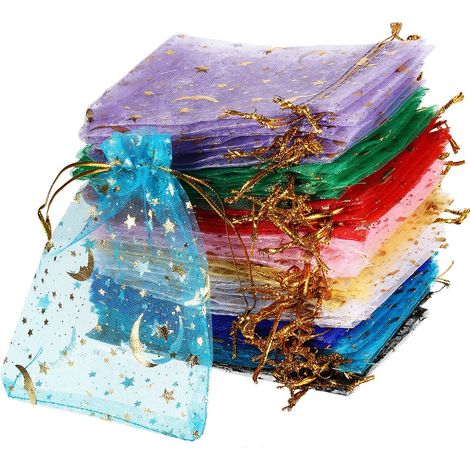 100 pochette en organza, 10 x 12 cm, avec cordon de serrage, motif lune et étoiles, pour bijoux et cadeaux (1/5)