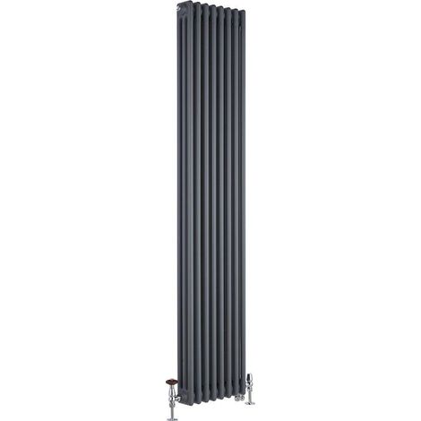 Milano Windsor Anthracite 1800mm x 380mm Cast Iron Style Vertical Triple Column Dual Fuel Electric Radiator with Angled Thermostatic Valves - Satin Valves (1/5)