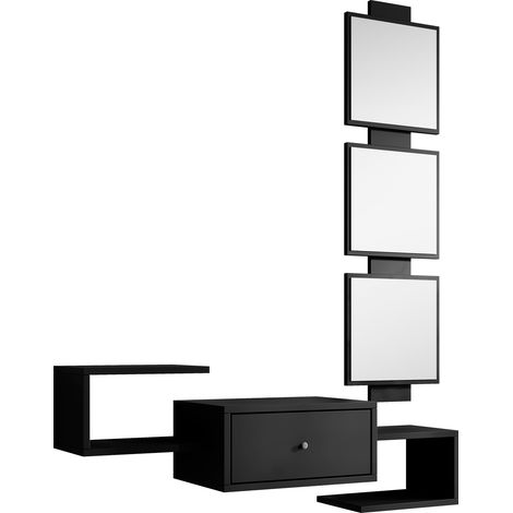 Flurmöbel mit Spiegel  Garderobenset  Dielenmöbel  Hängend  Wandschrank  1 Schublade  Wandgarderobe  Korridormöbel  99,5x145x22cm  Schwarz  Modell Neo