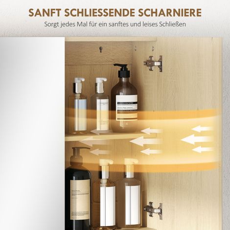 Meuble salle de bain mural, portes miroir, étagère ouverte, MDF, panneau particules, chêne (1/5)