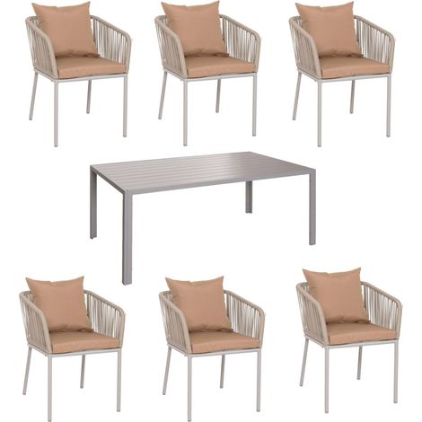 [NEUWERTIG] Gartengarnitur HHG-616, Tisch+6xStuhl, wetterfest Alu 180x80cm, Seilgeflecht Rope grau Kissen taupe