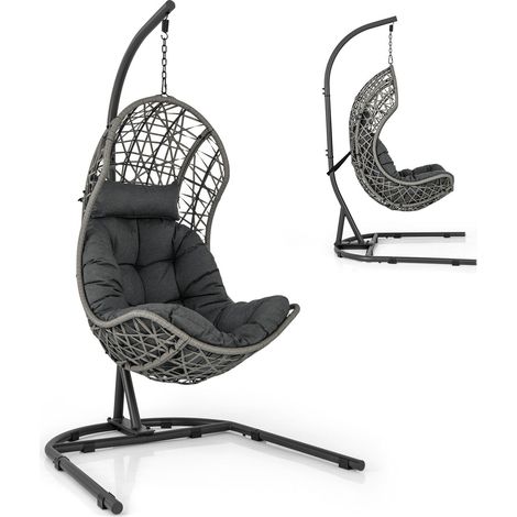 COSTWAY Hanging Egg Chair Indoor Outdoor Patio Wicker Hammock Chair Swing Chair w/ Stand (1/5)