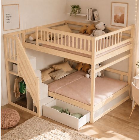 Lit superposé 140x200 cm en bois avec escalier de rangement, barrières hautes et tiroirs (1/5)