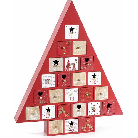 Calendario dell’Avvento in legno a forma di albero. Dotato di 24 cassettini numerati decorati con motivi natalizi per regali, cm 31,5 x 5,5 x 38,5 H