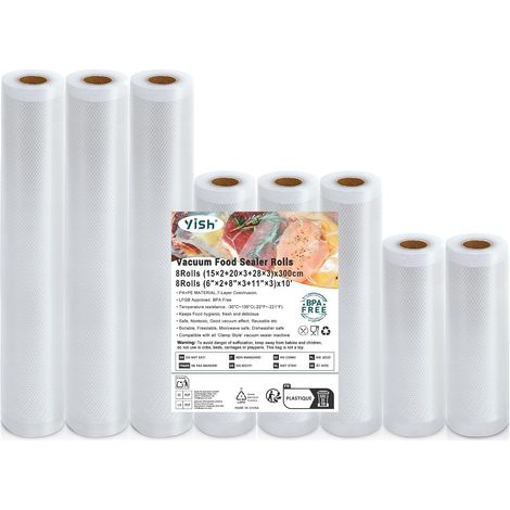 Rouleau Sous Vide Alimentaire 8 Packs:28/20/15/x300 cm Sac Sous Vide Alimentaire 170µm, Film Sous Vide Alimentaire Gaufré pour L'appareil de Mise Sous Vide, Transparente (1/5)