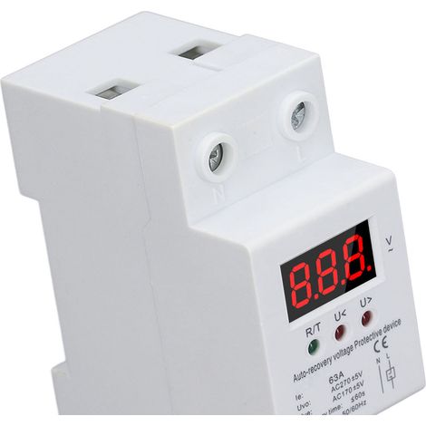 Protecteur sur/sous tension auto-récupératif 230VAC 63A 2P, relais de protection numérique à affichage unique pour installation électrique domestique. (1/5)