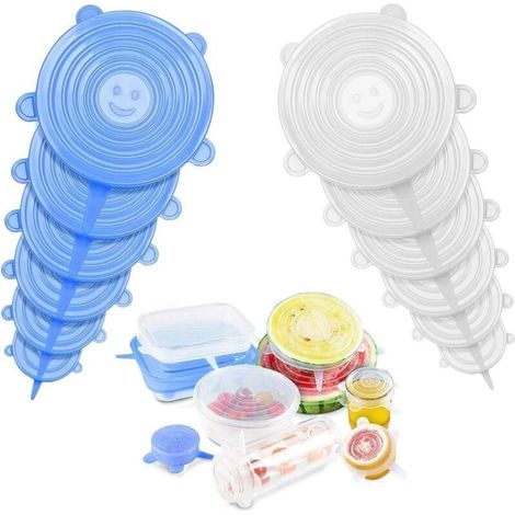 Coperchi elastici in silicone riutilizzabili per ciotole per alimenti – Set di 4 misure (blu e bianco), a tenuta stagna e resistenti.