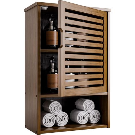 Armoire de Salle de Bain Murale, Armoire à Pharmacie en Bambou, Organisateur de Rangement Peu encombrant au-Dessus des Toilettes, Porte Simple et étagère réglable, Noyer (1/5)