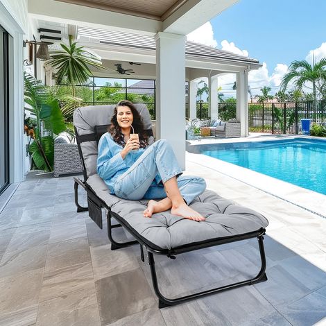 Foldable Sun Lounger 190x68cm, Portable Camping Bed with Waterproof Mattress Headrest, 5-Level Adjustable Backrest, Weatherproof Fabric, Side Pocket,Recliner Chair for Garden/Indoor/Outdoor (1/5)