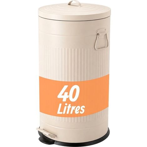 Relaxdays poubelle à pédale rétro, 40 L, H x D : 67 x 35 cm, métal, seau intérieur amovible, softclose, beige (1/5)