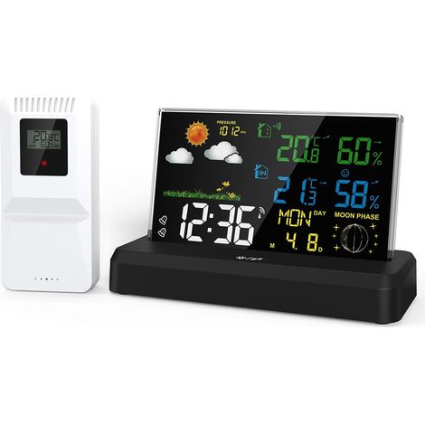 Station météo intérieure et extérieure avec capteur de température et d'humidité, thermomètre pour la maison, réveil avec affichage couleur VA, prévisions météo (1/5)