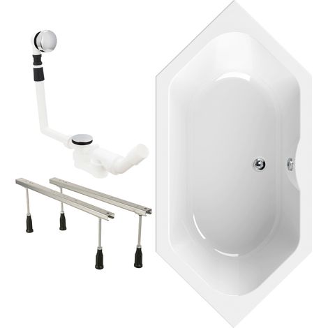 Calmwaters® Sechseck Badewanne Komplettset 190x90 cm, Made in EU, mit Wannenfüßen & Ablaufgarnitur, Acrylwanne Exclusive, Duowanne für 2, Set Badewanne komplett, 6 Eck Wanne 190 x 90, Weiß