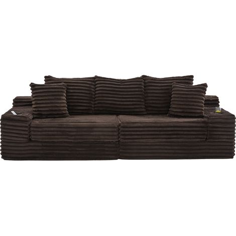 Divano letto in tessuto corduroy con schienale alto, cuscini, tasche e portabicchieri, marrone caffè (1/5)
