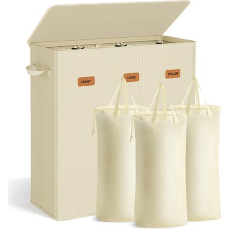 Panier à linge 3 compartiments 64 x 33 x 75 cm avec couvercle pratique étiquettes amovibles style buanderie en tissu oxford blanc crème (1/2)