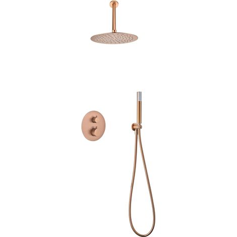 Imex - Kit de ducha termostático empotrado en acero y latón con acabado en oro rosa cepillado incluye cabezal Ø25 y ducha circular modelo Tivoli