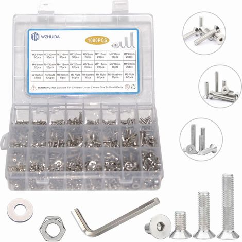 Lot de 108 vis à tête fraisée M2 M3 M4 M5 à six pans creux en acier inoxydable avec écrous et 4 clés, Visserie Boulonnerie (1/5)