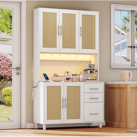 Buffet de cuisine MDF blanc, éclairage LED multicolore, 2 prises, 1 port USB, 3 tiroirs, rangements et étagères réglables (1/5)