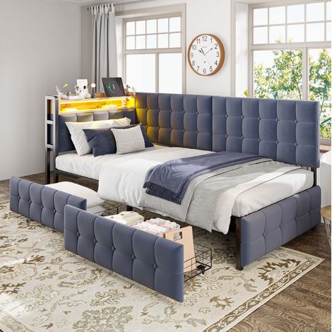 Letto 90x200 cm in velluto grigio, LED, 2 cassetti, per spazi piccoli, senza materasso – MEUBLIV (1/5)