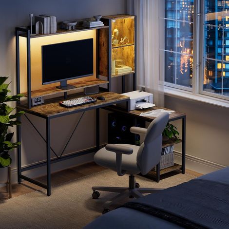 Gaming Tisch L Form mit LED & Display Regal,120×90 cm, Gaming Schreibtisch mit Steckdose & USB-C Anschluss, Eckschreibtisch mit Stauraum, für Home Office, Büro und Gaming Zimmer (1/5)