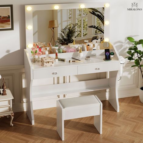 Coiffeuse avec Miroir LED et Tabouret, 8 Lumières LED, Éclairage 3 Couleurs Réglable, Table de Maquillage avec Prise Intégrée, 2 Tiroirs et 3 Rangements, Blanc