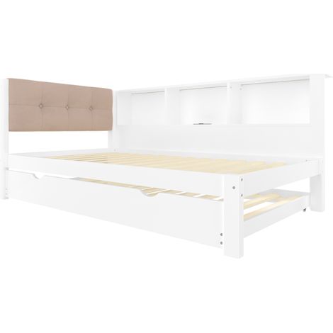 Tagesbett 90x200 cm mit Ausziehbett, LED, USB-Anschluss und Regal, weiß (1/5)