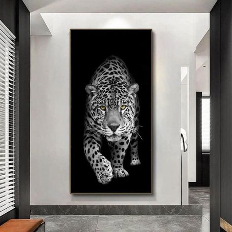 Noir et Blanc Léopard Sauvage Animal Toile Peinture Mur Art Photo pour Salon Grande Taille Maison Imprimés 55x110cmSans Cadre (1/4)