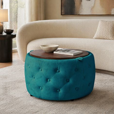 Lot de 2 poufs gigognes en velours, coffre rond avec plateau bois, bleu, 58 x 58 x 38 cm (1/5)