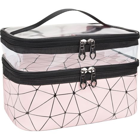 Trousses de maquillage double couche pour voyage, organisateurs de maquillage, trousses de toilette (rose) (1/5)