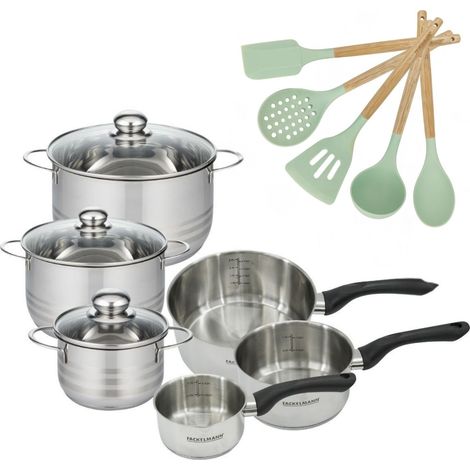 Set de 3 faitouts 16, 20 et 24 cm, 3 casseroles 12 16 20 cm en inox et 5 ustensiles Fackelmann Geneva (1/5)