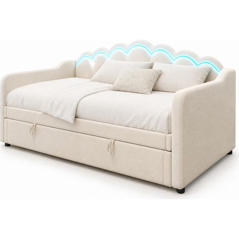 Lit banquette convertible 90x200 avec coffre de rangement, velours beige, tête de lit ondulée et LED multicolores, sans matelas, pour chambre gain de place CHICFURN (1/5)