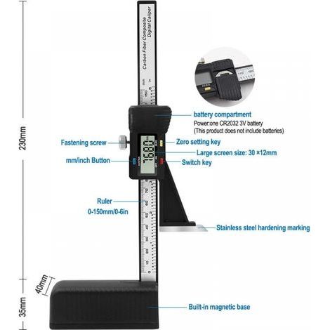 Höhenmesser, digitaler Tiefenmesser (0–150 mm), LCD-Digitalanzeige, präzise Höhen-, Öffnungs- und Tiefenmessung, mit Magnetfuß, Schwarz, einteilig, Lilaris (1/3)