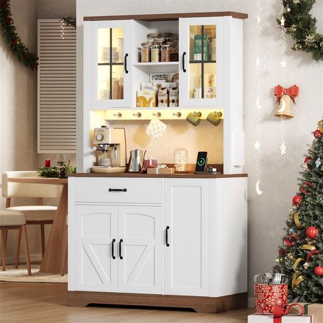 Aparador alto de cocina estilo granero - 185 x 105 x 40 cm - Armario vintage con LED APP, tomas USB y ganchos de acero inoxidable - Blanco y natural (1/5)