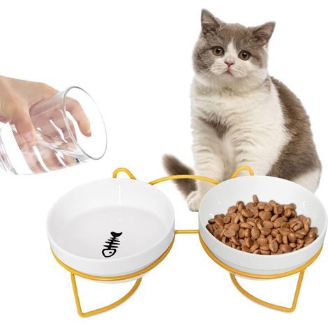 Lot 2X Bol en Céramique Surélevé pour Chat - Gamelle Double avec Support Incliné pour Nourriture/Eau