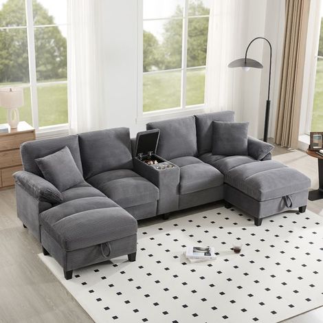 Canapé d'angle en U - 4 places - Velours côtelé - Rangement intégré - Port USB & porte-gobelets (1/5)