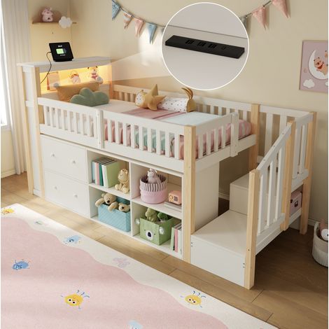 Hochbett 90 x 200 cm Natur mit Schubladen, Staufächern, trapezförmigem Schrank und LED-Beleuchtung (1/5)