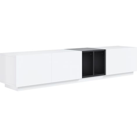 Meuble TV moderne en contraste noir et blanc, design épuré avec tiroirs et niches ouvertes. Robuste, durable et facile d'entretien – apporte une touche moderne à votre salon. (1/5)