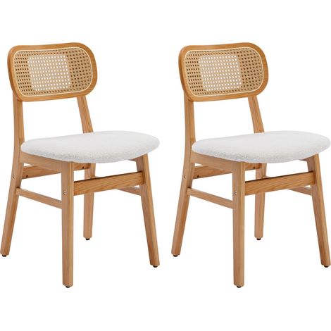 Wahson Lot de 2 chaises salle à manger en rotin – Coussin doux en fausse fourrure – Cadre en bois massif – Dossier élégant – Beige (1/5)