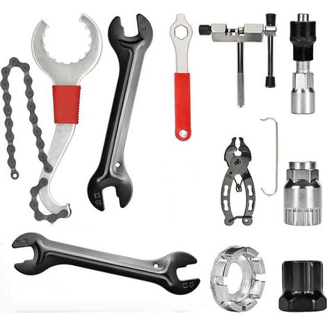 Le kit d'outils pour vélo en 10 pièces comprend un extracteur de roue libre, une clé à roue libre 3 en 1, un outil pour boîtier de pédalier et un dérive-chaîne. (1/5)