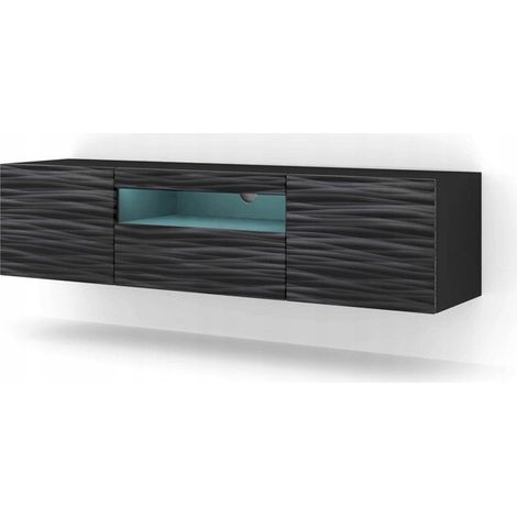 Meuble TV Noir Sahara avec LED 150x42x37cm Aura meuble sur pied ou a suspendre (1/5)