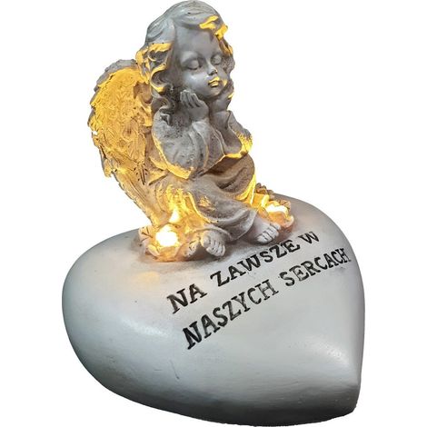 Engel LED Grabfigur mit der Aufschrift FÜR IMMER IN UNSEREN HERZEN 12 cm
