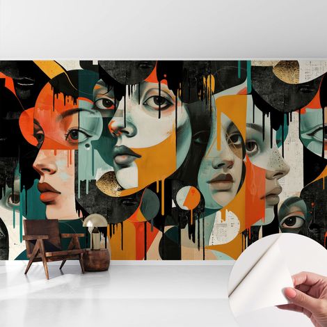 Papier peint adhésif décoratif avec colle pour salon chambre à coucher et bureau Design moderne et facile à poser Visages colorés 416x254 cm (1/5)