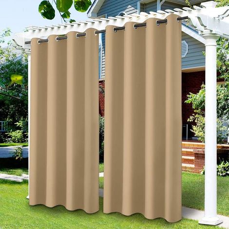 Rideaux occultants pour terrasse et jardin, coupe-vent, anti-UV, anti-humidité, isolation thermique, 2 panneaux, largeur 132 cm, hauteur 213 cm, teinte sable. (1/3)
