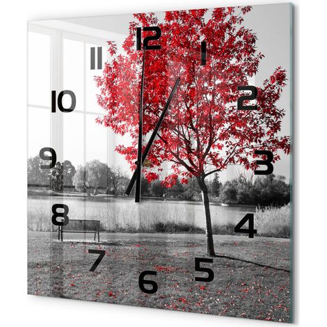 Grande Horloge Murale Carrée Originale Verre Trempé Décoration Maison Moderne Arbre rouge 60x60 cm (1/5)