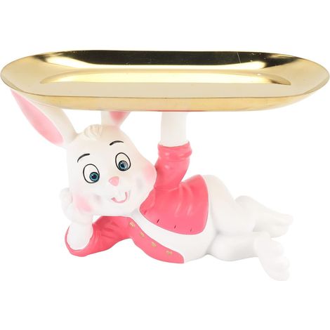 Plateau d'assiette de Lapin, Petit Plateau à Bijoux de Statue de Lapin en résine Mignon avec Plaque rectangulaire en Acier Inoxydable pour Le Stockage d'affichage (Rojo) (1/5)
