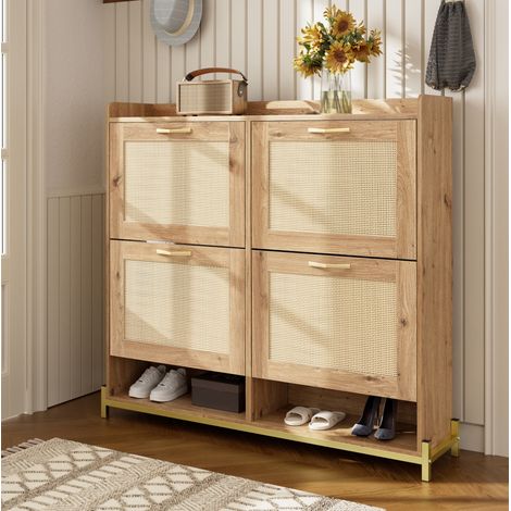 Meuble à chaussures en MDF coloris bois avec effet rotin, 108,5 x 24 x 100 cm, gain de place avec tablette supérieure (1/5)