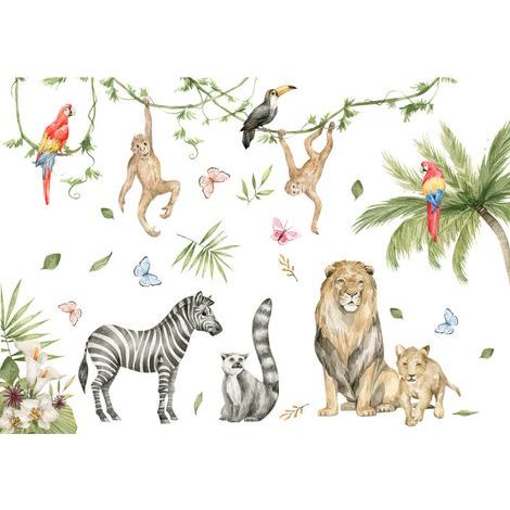 Stickers Muraux Animaux de la Jungle Autocollants Muraux Mural Stickers Safari Singe pour Chambre Enfants Bébé Pépinière Salon 2PCS (1/5)