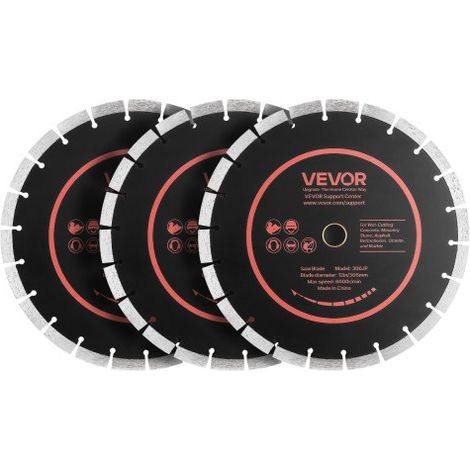 Disco de Corte de Diamante 306 mm, Juego de 3 Piezas, Disco para Rozadora de Pared con Segmentos 2 mm, Eje 25,4 mm, Núcleo de acero 65Mn para Ladrillo Hormigón Mampostería Cableado y Tuberías